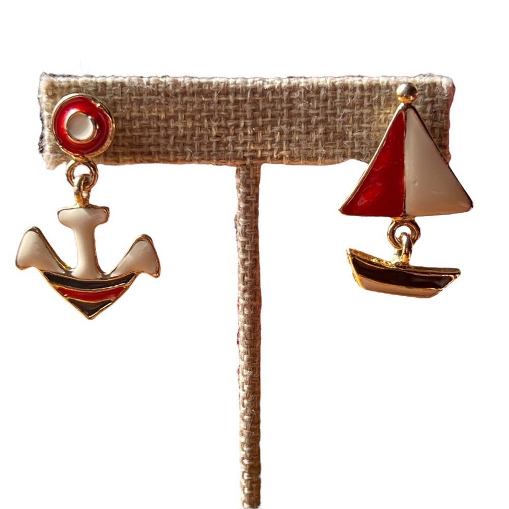 Nautical Red White and Blue Enamel and Gold Post Earrings Anchor Sailboat